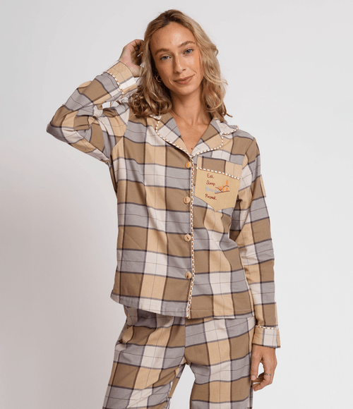 Camisa PS.61 Feminina de Pijama Xadrez Caramelo
