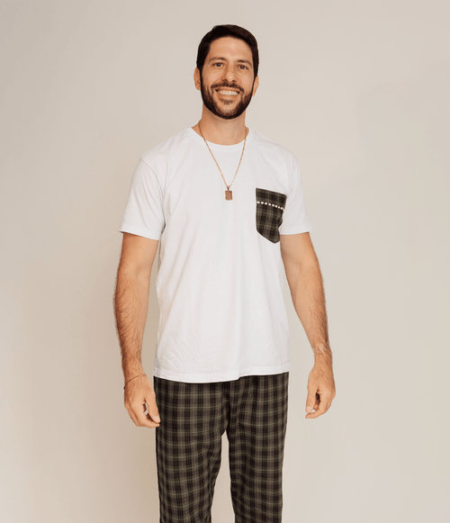 Camiseta PS.61 Masculina de Pijama Xadrez Preto e Verde