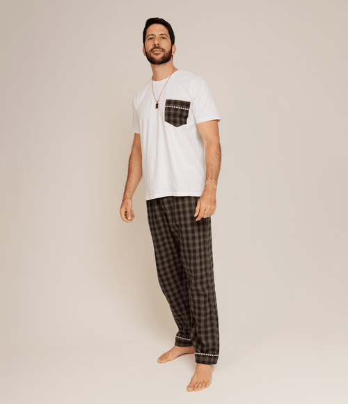 Camiseta PS.61 Masculina de Pijama Xadrez Preto e Verde
